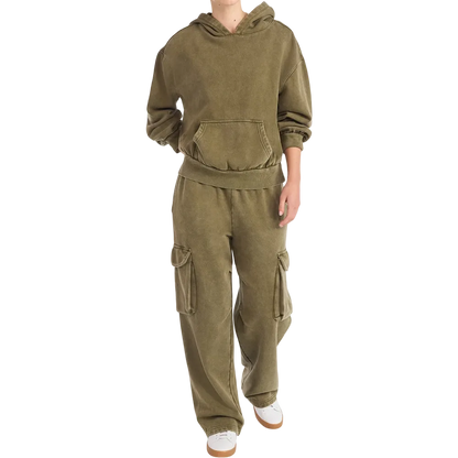 Mineral Washed Oversized Cropped Hoodie + Wide Leg Cargo Sweatpants