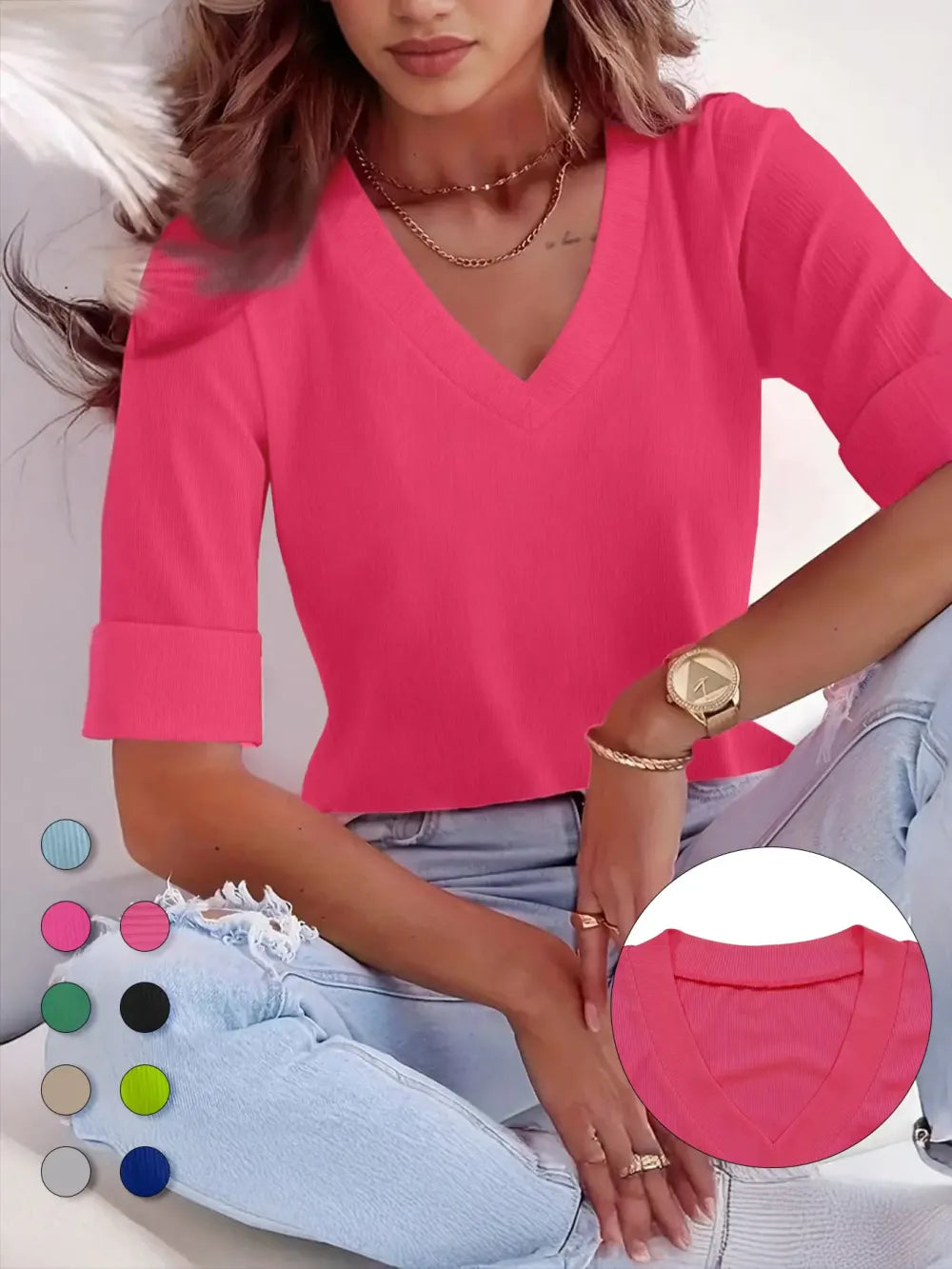 Plus Size Solid V Neck Roll Up Sleeve Tee