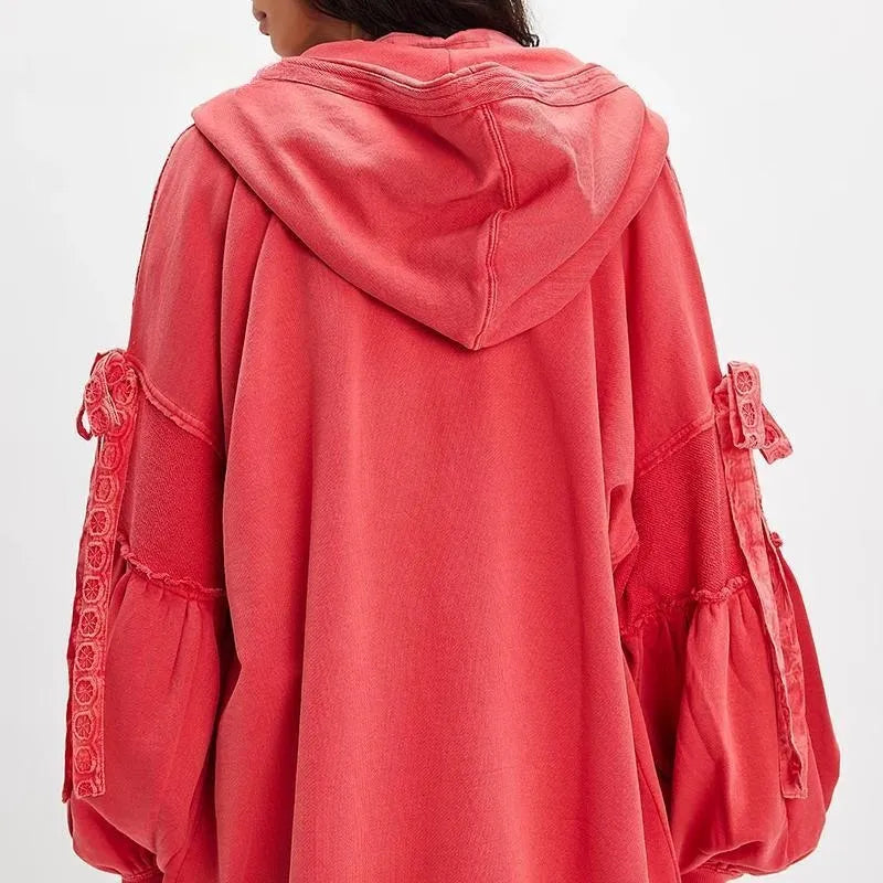 Women's Fall/Winter Zip Up Hoodies with Pockets Stylish Solid Bow Tie Long Sleeve Sweatshirt Jackets