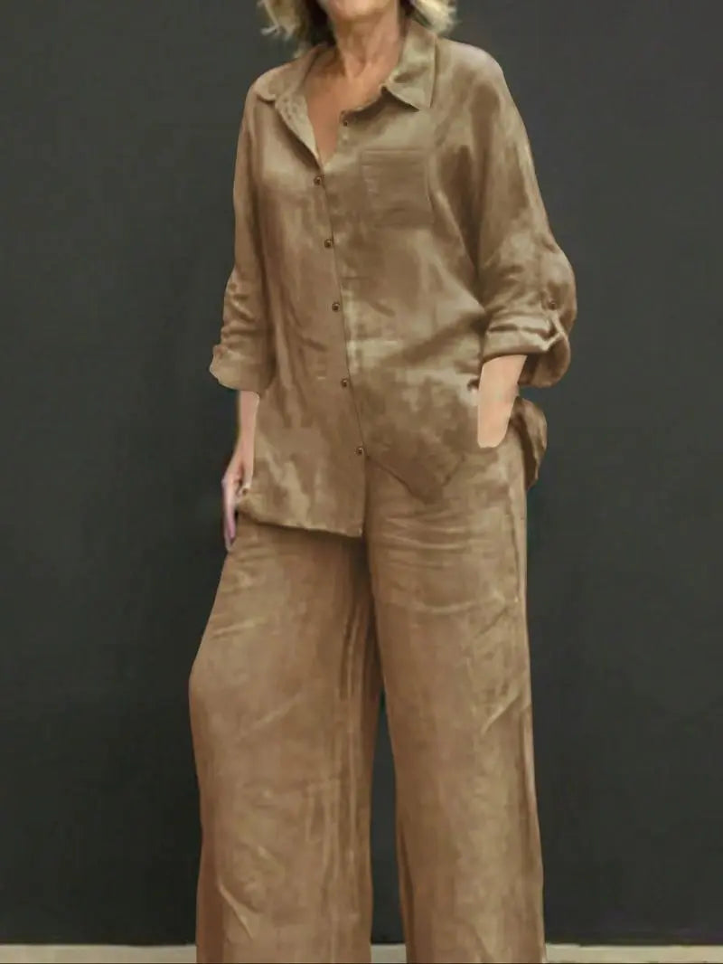 Women's Solid Color Shirt & Wide Leg Pants Set