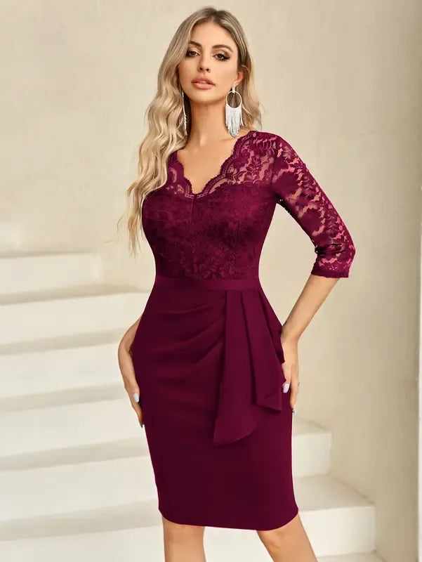 Retro V-Neck Floral Lace Ruffle Cocktail
