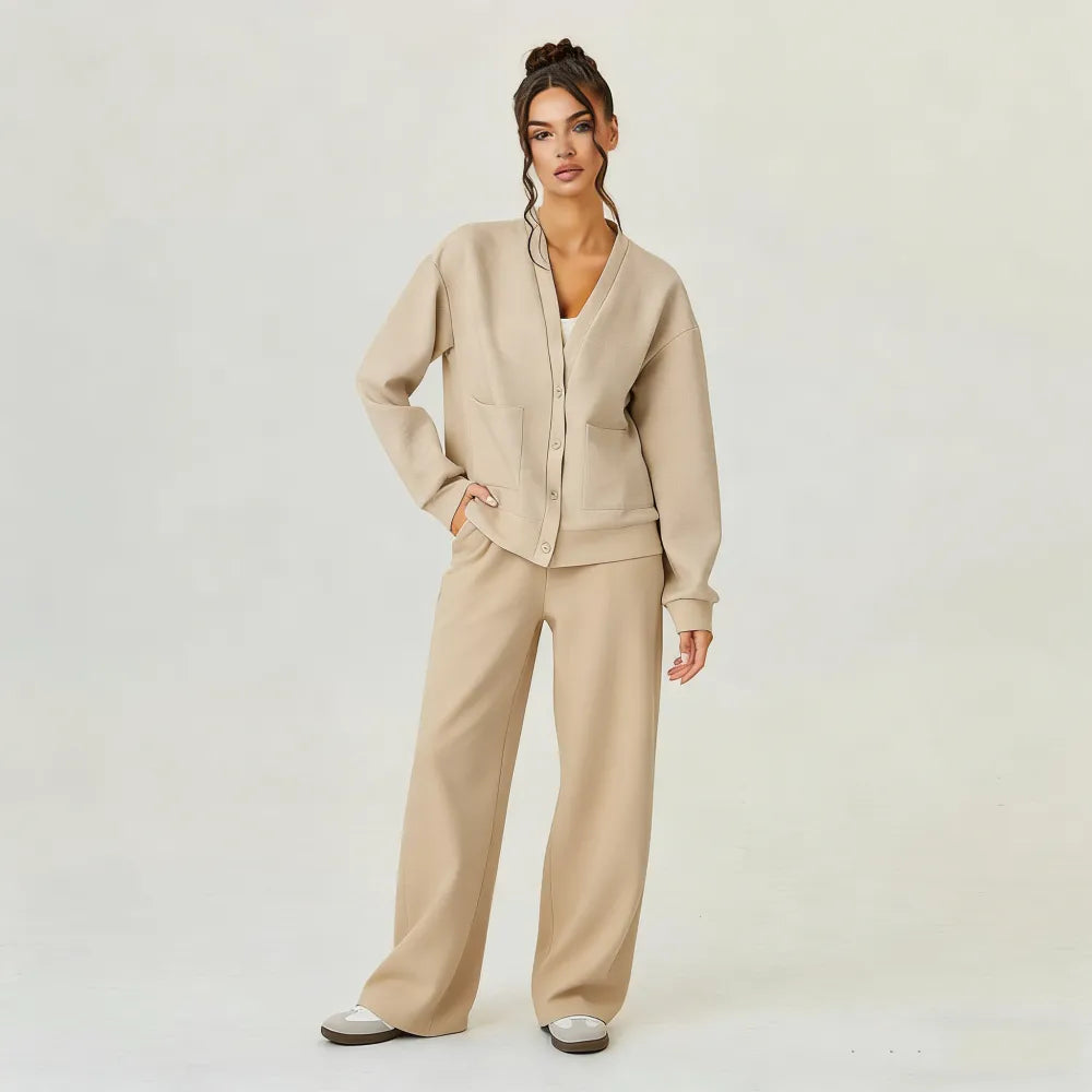 Women's Slouchy Solid Color V Neck Long Sleeve Button Cardigan & Drawstring Waist Trousers Co-ord