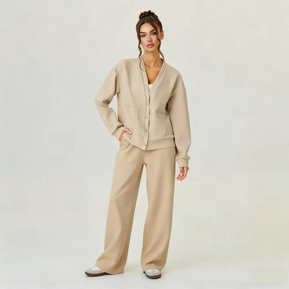 Women's Slouchy Solid Color V Neck Long Sleeve Button Cardigan & Drawstring Waist Trousers Co-ord