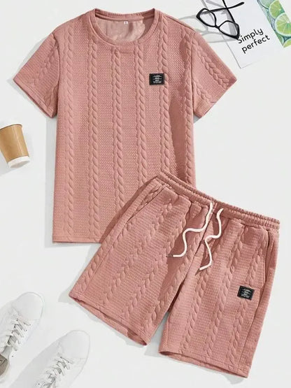 Men's Knit Casual Textured Patch Tee & Drawstring Shorts Set