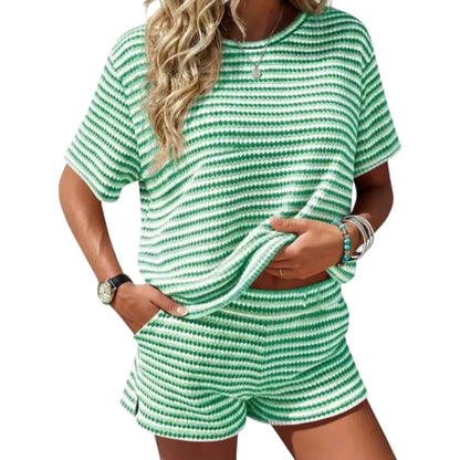 Women's  Striped 2 Piece Outfits Short Sleeve Shirts Tops Knit Shorts Sets