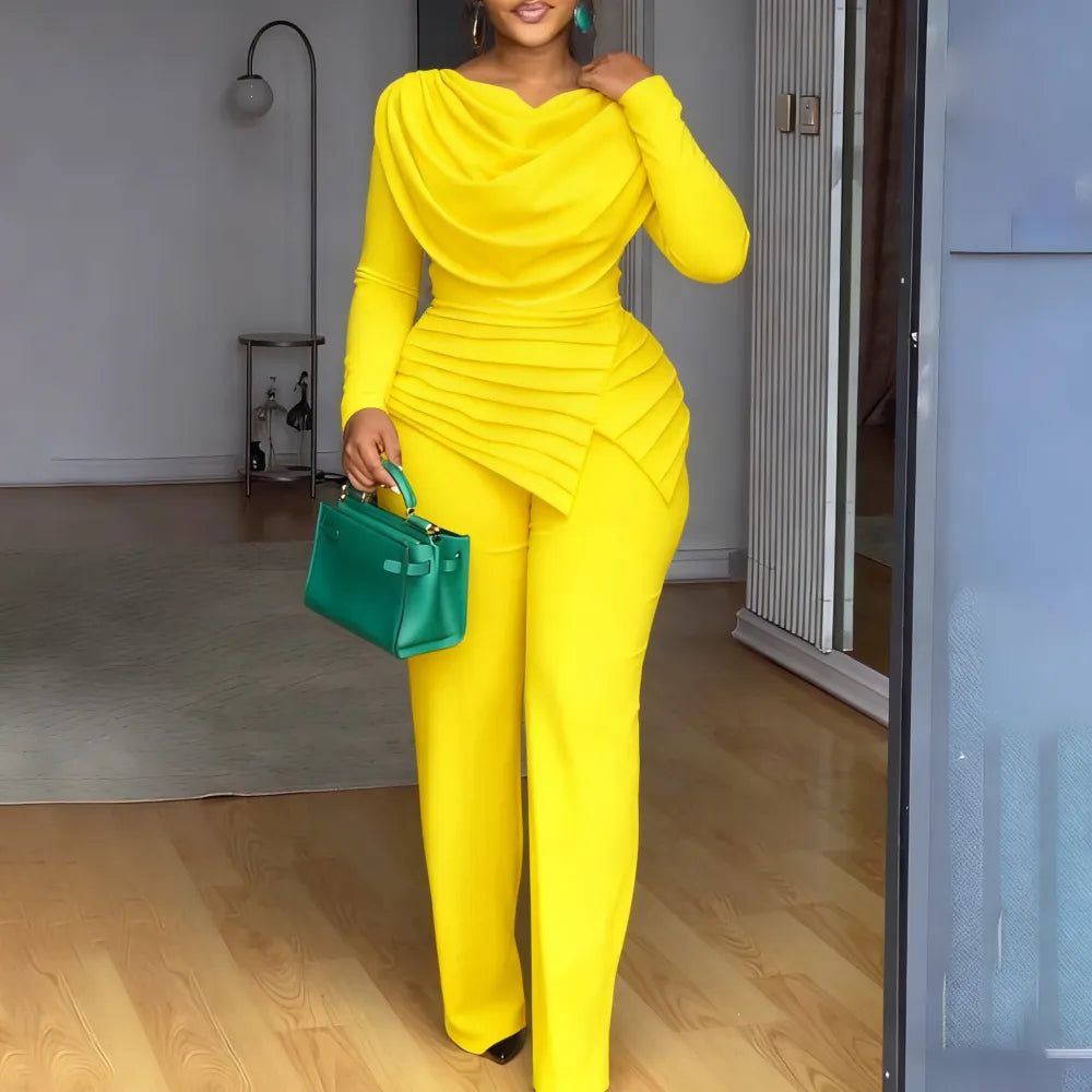 Cowl Neck Asymmetrical Patchwork Ruched Jumpsuit