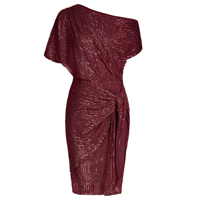 Women Sequined Party Dress Short Sleeve Asymmetric Off Shoulder Bodycon Dress