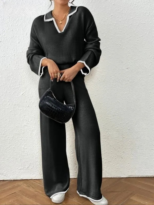 Women's Contrast Binding Drop Shoulder Sweater & Straight Leg Pants Set