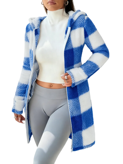 Plaid Fleece Long Sleeve Hooded Coat