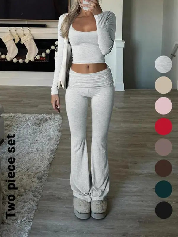 Solid Color Square Neck Crop Tee & Flare Leg Pants Two-Piece Set