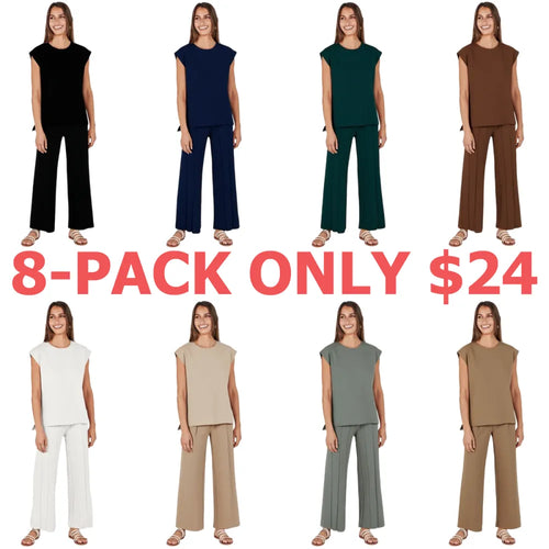 Summer 2 Piece Sets Women Vacation Basic Crewneck Wide Leg Lounge Outfits Sleeveless Outdoor Matching Sets Casual Comfort Plus size sets Minimalist Suits