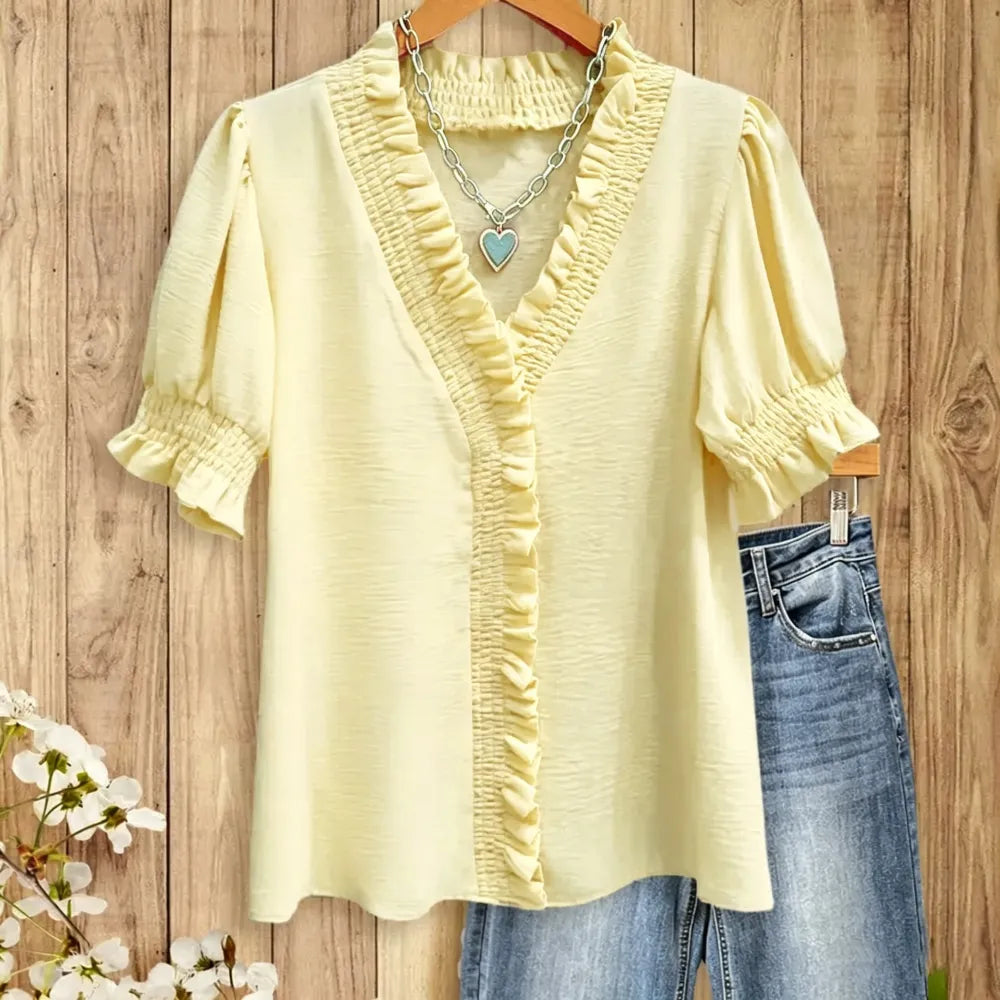Ruffle Trim V - Neck Blouse