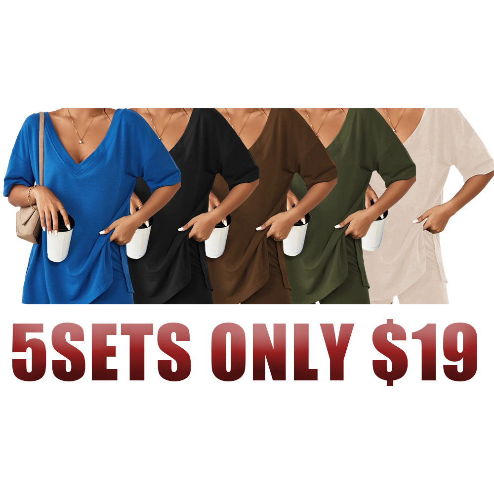 Women's Two-Piece Pajama Set Casual Oversized V Neck Split Hem