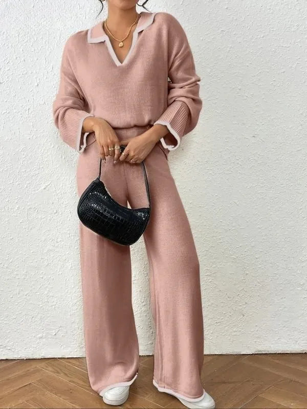 Women's Contrast Binding Drop Shoulder Sweater & Straight Leg Pants Set