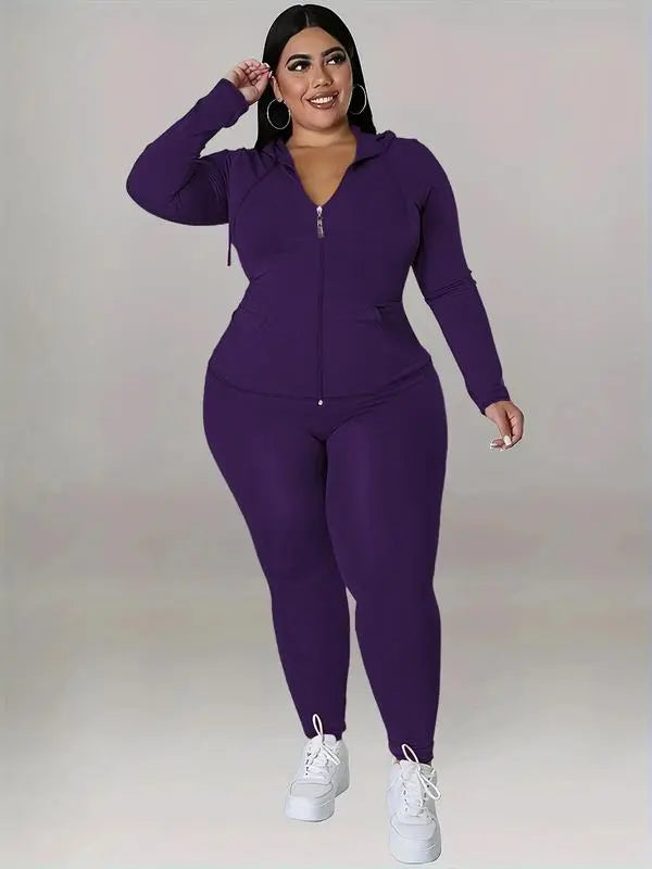 Women's Solid Color Hoodie Long Sleeve Top and Pants Sports Set