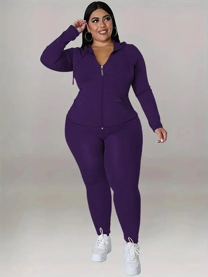 Women's Solid Color Hoodie Long Sleeve Top and Pants Sports Set