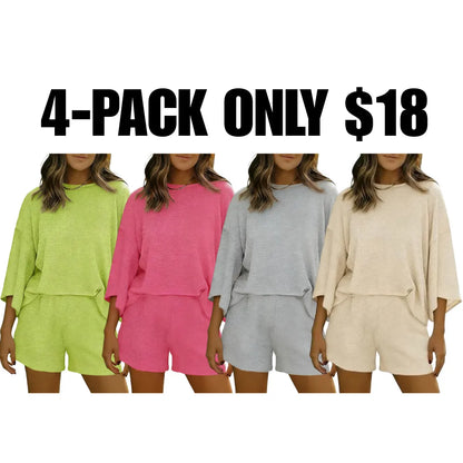 Womens Short Sets 2 Piece Sleeve Tops and Elastic Waist Shorts