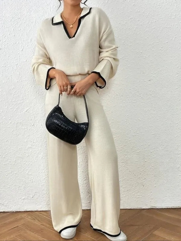 Women's Contrast Binding Drop Shoulder Sweater & Straight Leg Pants Set