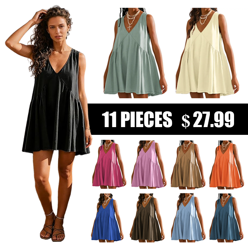 Special Sale❤️ Women's V-Neck Tank Sundress Summer Sleeveless A-Line Mini Dress Casual Loose Dresses with Pockets