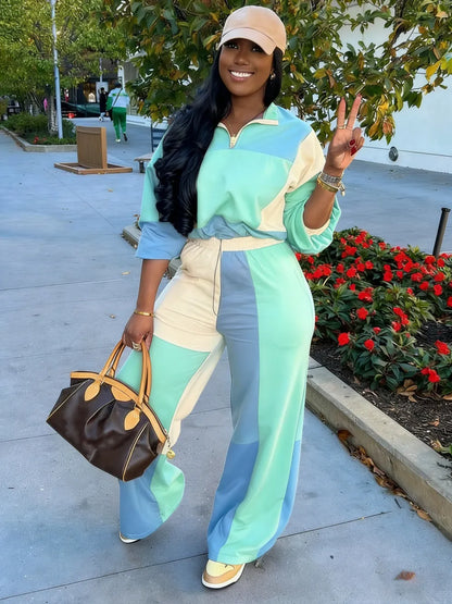 Set Women's Colorblock Zip Up Jacket & Wide Leg Pants