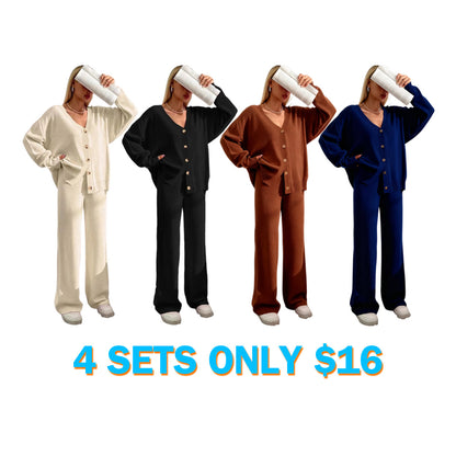 Women's Solid V Neck Cardigan & Elastic Waist Wide Leg Pants Two-piece Set