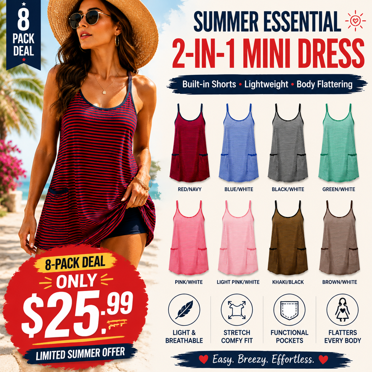 Women's Summer Sleeveless 4th Of July Striped Mini Dress with Built-in Shorts V Neck Spaghetti Straps Athletic Shorts Tennis Dress with Pockets