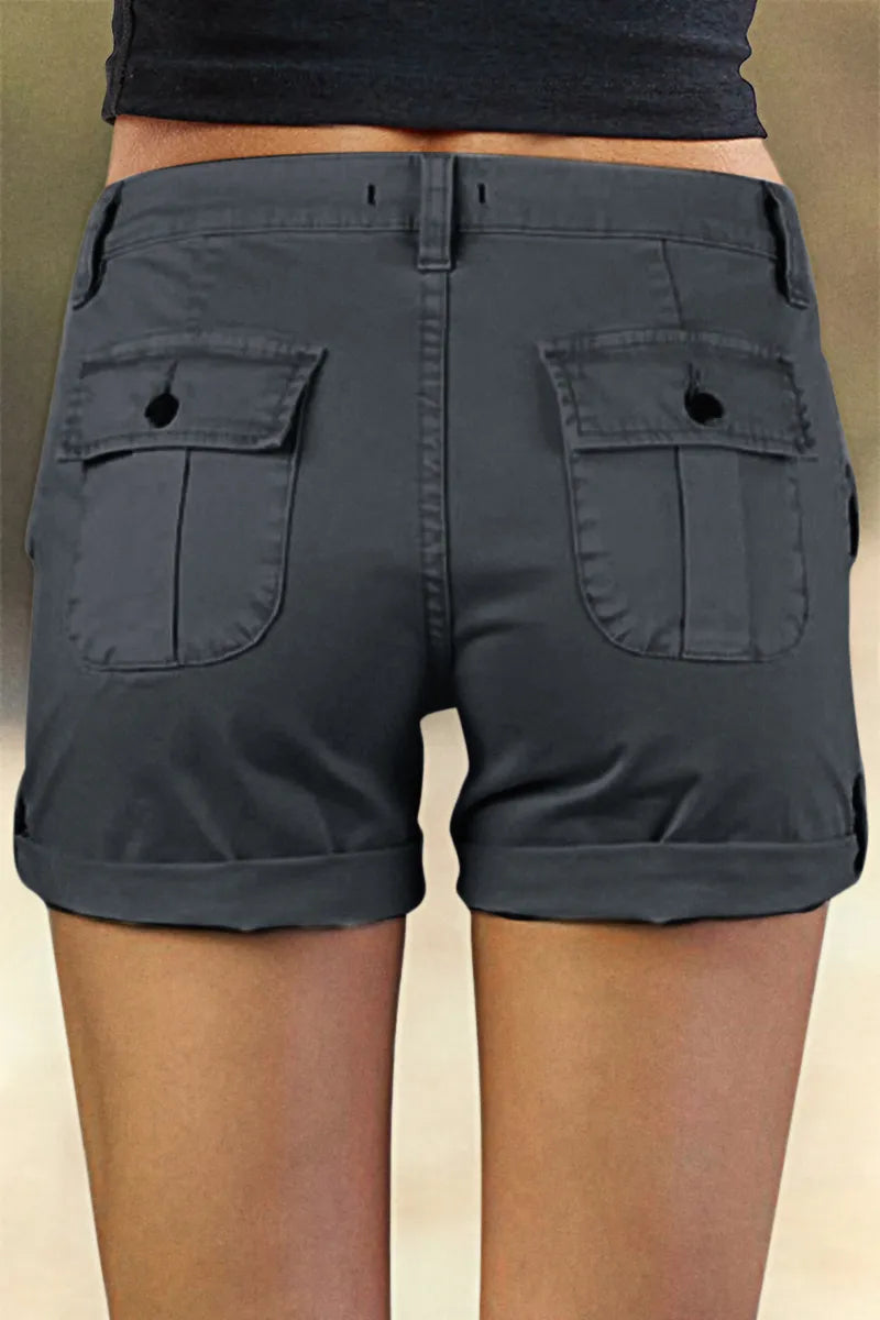 Flap Pocket Roll Tab Hem Mid Waist Shorts