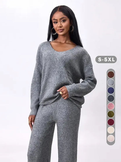 Two-piece Set Women's Solid Color Drop Shoulder Sweater & Pants