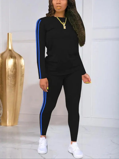 Women's Striped Print Long Sleeve & Pants Two-piece Set