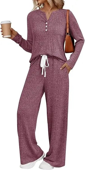 Womens 2 Piece Lounge Sets Fall Outfits Henley Neck Sweater 2025 Matching Sweat Suits Comfy Pajamas Clothes Pockets