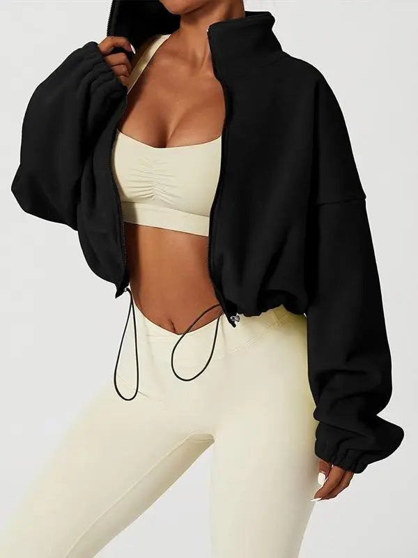 Women's Solid Color Zip Up Thermal Lined Sports Sweatshirt