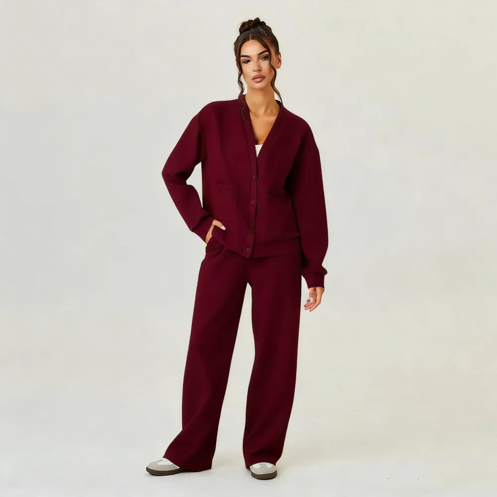 Women's Slouchy Solid Color V Neck Long Sleeve Button Cardigan & Drawstring Waist Trousers Co-ord