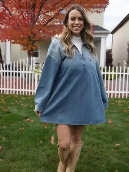 Women's Denim Dress Half-Zip Collared Vintage Washed Blue Loose Fit Long Sleeve