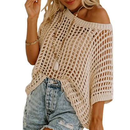 🔥Last day promotion🔥Women's Scoop Neck Crochet Knit Short Sleeve Sweater Top