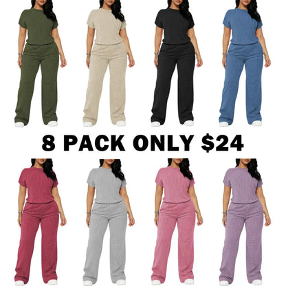 Women's Solid Shortsleeve Crewneck Ribbed Top & Wide Leg Pants