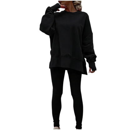 Women's Fashionable Solid Color Casual Long Sleeved Round Neck Hoodie Top Stripe Pants Set
