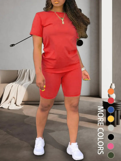 Two-piece Set Women's Fitted Plain Round Neck Tee & Skinny Shorts Set