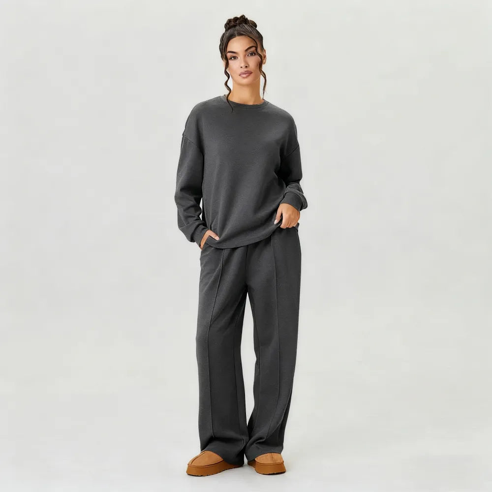 Women's Casual Solid Color Loose Long Sleeve Top & Exposed Stitches Trousers Co-ord
