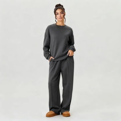 Women's Casual Solid Color Loose Long Sleeve Top & Exposed Stitches Trousers Co-ord