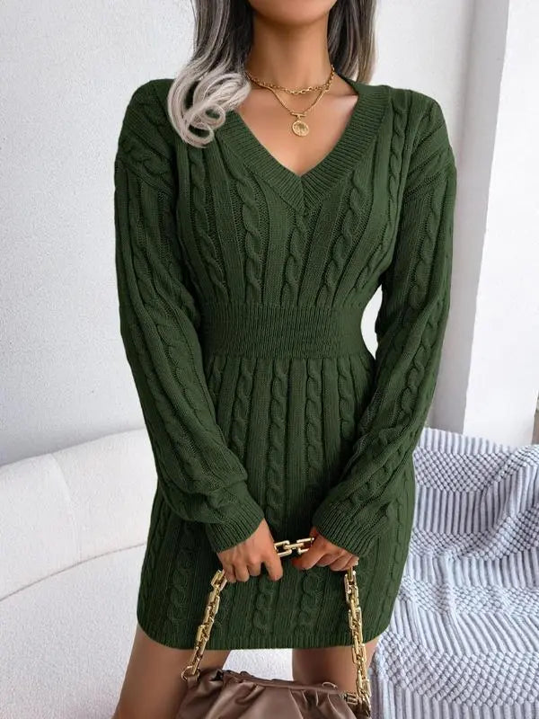 Women's Cable Knit Sweater Dress With V Neck
