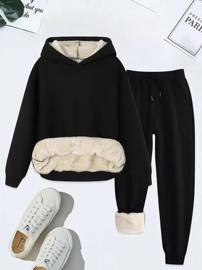 Women's Thermal Lined Solid Color Hoodie & Drawstring Waist Pants Two-piece Set
