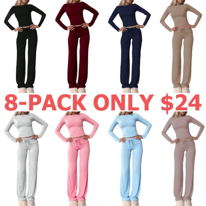 Women's Solid Long Sleeve Crop Top & Drawstring Waist Straight Leg Pants Loungewear Set