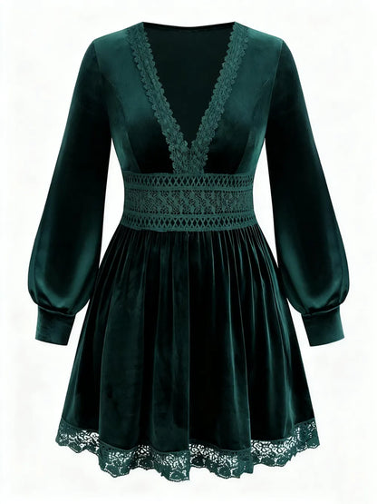 Velvet Lace Patchwork Lantern Sleeve Long Dress