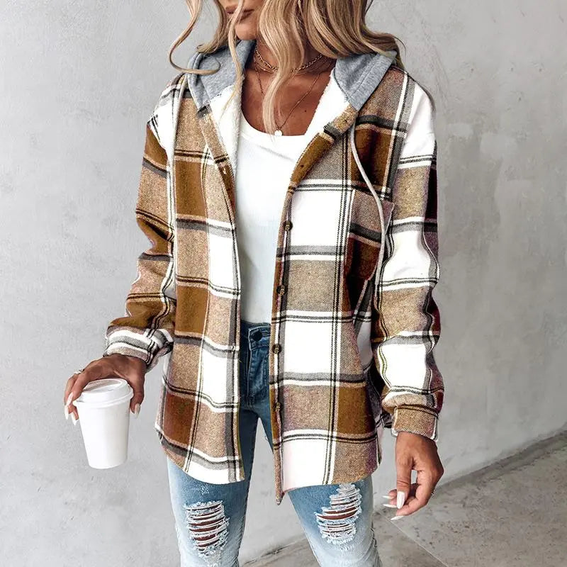 Women's Plaid Pattern Long Sleeve Shacket Button Down Fleece Lined Hooded Jackets Warm Coat Casual Womenswear Comfort Outdoor Soft