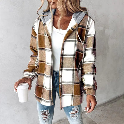 Women's Plaid Pattern Long Sleeve Shacket Button Down Fleece Lined Hooded Jackets Warm Coat Casual Womenswear Comfort Outdoor Soft
