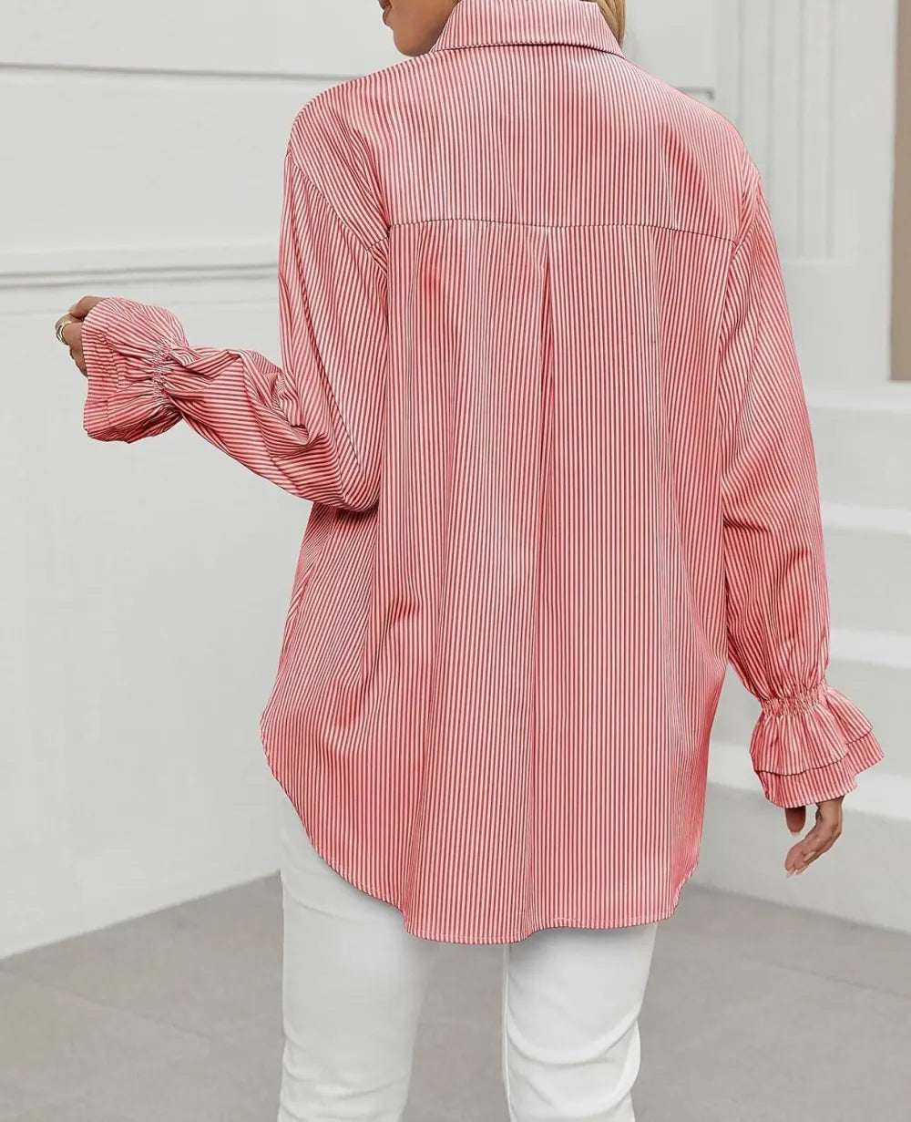 Women's Striped Button Down Shirts Smocked Cuffed Boyfriend Shirt Long Sleeve Blouse Top with 3 Pockets