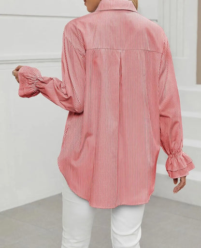 Women's Striped Button Down Shirts Smocked Cuffed Boyfriend Shirt Long Sleeve Blouse Top with 3 Pockets