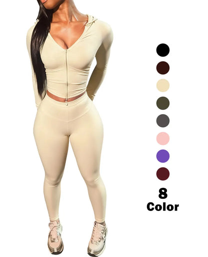 Zip Up Crop Top & High Waist Leggings Two-piece Set