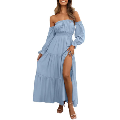 Women's Boho Off Shoulder Long Sleeve High Waist Side Split Long Maxi Dress