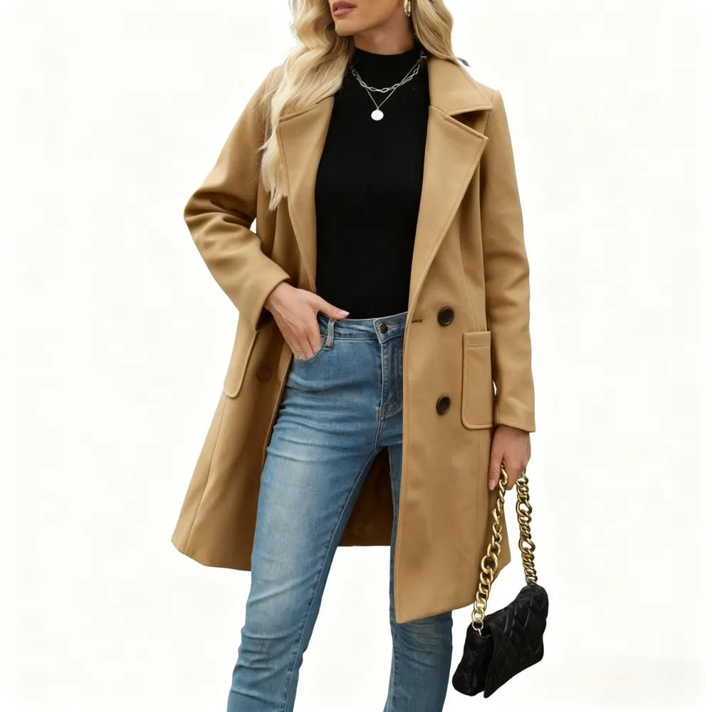 Women's Winter Wool Blend Camel Mid-Long Coat